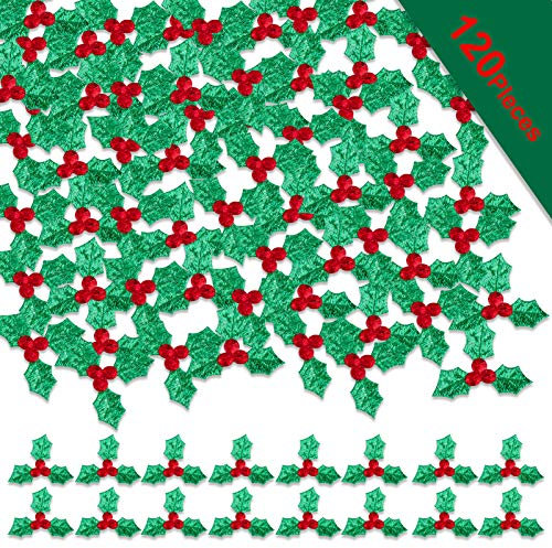 HOWAF 120 Pieces Christmas Holly and Berry Embellishments, Mini Craft Berry Greens Leaf Sequins, Fabric Leaf Confetti for Party Decorations