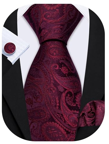 Barry.Wang Herr slips solid Silk Tie Pocket Square Cufflinks Set Bröllop Enkel slips Business formell, Rödbrun, Talla única