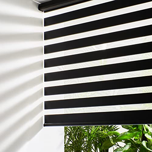Persilux Cordless Zebra Blinds for Windows Free-Stop Roller Windows Shades (24 W X 72 H, Black) Dual Layer Light Control for Day and Night, Light Filtering Sheer Shades for Home, Bedroom