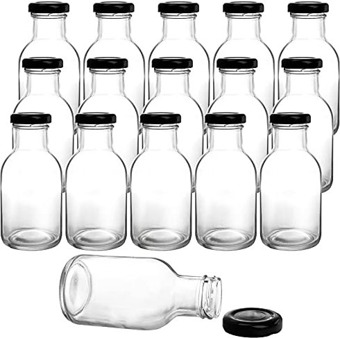 Kingrol Paquete de 16 botellas de salsa picante de 8 onzas con tapas de rosca a prueba de fugas, botellas de vidrio de boca ancha con tapas para leche, bebidas, aceite, aderezo para ensaladas