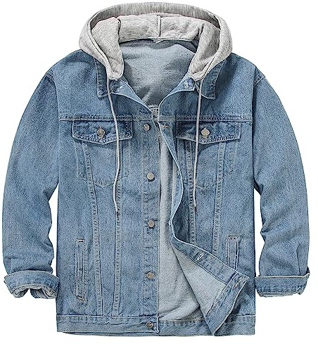 DOSLAVIDA Men's Distressed Denim Jacket Unisex Button Down Jean Coat Casual Long Sleeve Trucker Hooded Jackets Outwear