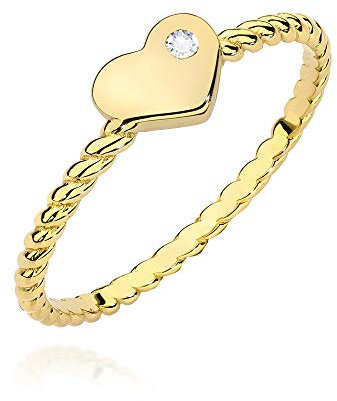 MARKO Damenring aus Gold mit gedrehtem Herz und 0,03 Karat Diamant, 14 Karat Gold (585) | Goldring mit Box | Goldring für Frauen (Gelbgold, 61 (19.5))