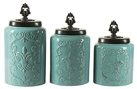 American Atelier Juego de tarros de cerámica de 3 piezas con diseño antiguo con tapas herméticas para galletas, dulces, café, harina, azúcar, arroz, pasta, cereales y más