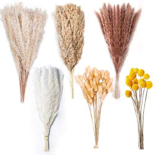 100PCS Natural Dried Pampas Grass Decor - 17.5 Fluffy Pampas Grass Bouquet - Boho Home Decor Dried Flowers for Wedding Floral Room Home Party Table Decorations