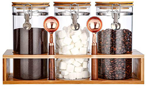 GURUDAR Glass Coffee Storage Container with Bamboo Shelf, 3PCS 49oz Airtight Sealed Coffee Bean Jar with Clamp Lid & Measuring Spoon, Kitchen Pantry Canister Set for Ground Coffee Sugar Tea Flour