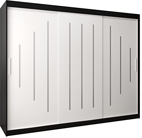 MEBLE KRYSPOL - Kleiderschrank, Schlafzimmerschrank - Schrank DREI Türen - 4 Fächer rechts, Links, 2 Stangen, Fach - Garderobenschrank York, Körperfarbe Schwarz, Frontfarbe Weiß - 250x62x200cm
