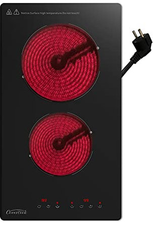 COVERCOOK Domino Glaskeramikkochfeld 30 cm, 2 Zonen elektrisches Kochfeld mit Stecker, Elektrokochfeld für alle Töpfe, glatte Arbeitsplatte aus schwarzem Glas, Touch-Steuerung, Timer, 3000 W