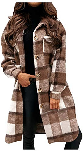 IQYU Veste à carreaux pour femme - Manteau d'hiver en laine à manches longues - Élégant - Manteau en laine - Long trench - Cardigan avec boutons - Veste de chemise - Veste en bois - Veste boyfriend -