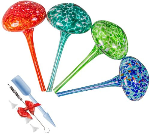 Globos de riego de Plantas de 3.5 Pulgadas, 4 Piezas Grandes de autorriego para Plantas de Interior y Exterior, focos de riego automático de Plantas de Hongos + Embudo y Pala