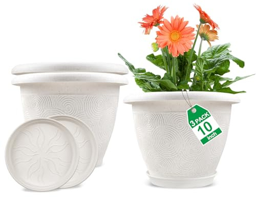 Plastic Flower Pots Planters for Indoor Plants, 3 Pack 10 Inch White Plant Pots with Drainage Hole & Tray, Modern Decorative Large Plant Pot with Saucer for Indoor Outdoor Plants Garden House Planter