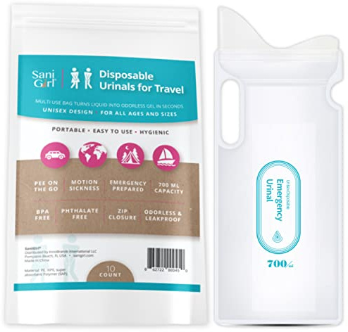SaniGirl Disposable Urinals | Portable Pee Bags | Travel Urinal for Women Kids Adults Sanitary Emergency Urinal and Motion Sickness Bag Road Trips Travel Essentials (Pack of 10)…