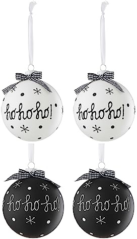 J-Line DOSE VON 4 WEIHNACHTSKUGELN 3+3 HOHO+Schneeflocken+Knoten Glas SCHWARZ/WEIß Large