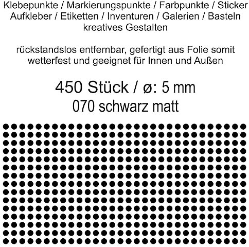 Aufkleber Etiketten Klebepunkte aus Folie 450 Stück schwarz matt rund 5 mm selbstklebend farbig wetterfest Decal Markierungen Organisieren DIY basteln verzieren Modellbau Scrapbooking