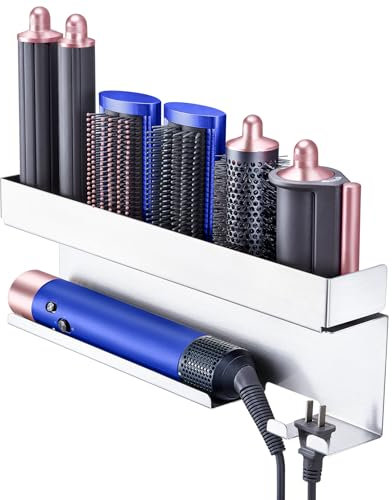 Föhnhalter Wand Ohne Bohren, Glätteisen Halterung, Wandhalterung Halter für 7 In 1 Styler Lockenstab Zubehör, Föhn Halterung, Glätteisen Halter Fönhalter Haartrockner Aufbewahrung für Bad (Silber)