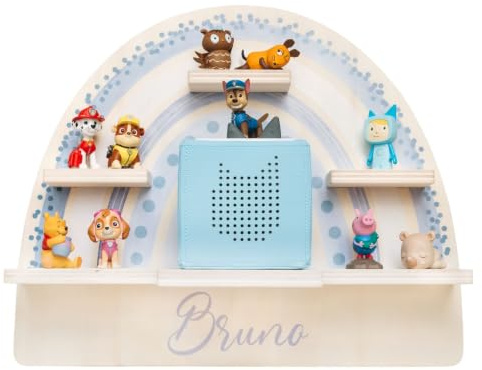 wunderwunsch personalisiertes Tonie Regal für Kinderzimmer - Magnetisches Toniebox Regal für Toniebox1 & 2 Plus Figuren mit abgerundeten Ecken & Kanten (Regenbogen blau)