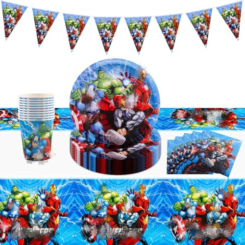 Heartsking 42 Pcs Superhero Party Tableware Set with Tablecloth, Banner, 20 Napkins, 10 Cups, 10 Plates - Avengers Theme for Kids Birthday Party Decorations