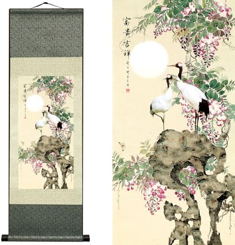 Newscz Wanddekoration Zimmer Poster Wandaufkleber Orientalische Asiatische Wanddekoration Seidenrollenmalerei Japanischer Kranich Wanddekorationen für Hausdekoration Schlafzimmer 92 x 30 cm