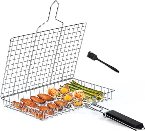 HurLuksi BBQ Grilling Basket, Stainless Steel Fish Grill Basket with Brush and Storage Bag, Barbecue Grill Rack Camping Cooking Accessories for Fish, Meat, Vegetables (Deep Grill Basket)