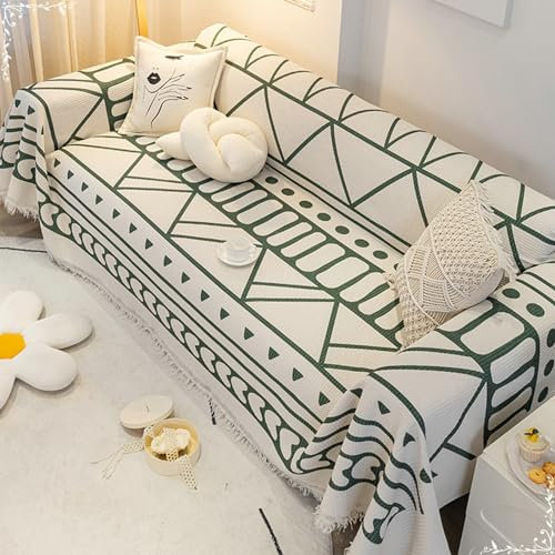 AMDXD Sofabezug, Bohemian Stil Muster mit Quaste Sofabezug 5 Sitzer, Superweiche Sofabezug Hund in 30% Baumwolle 70% Polyester Möbelschutz-Sofabezüge - 180x480CM, Grün Beige