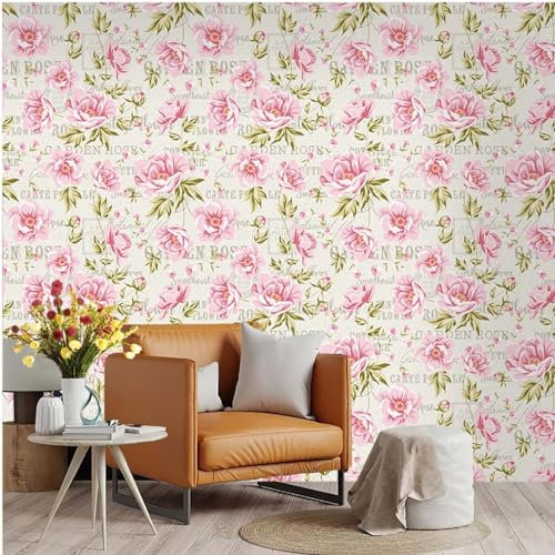 Selbstklebende Tapete Pfingstrose Grün Rosa Strukturtapete Wandtattoo Schlafzimmer Tapete Selbstklebend Vliestapete Wallpaper for Living Room Tapeten Wandschutzfolie 45x300cm