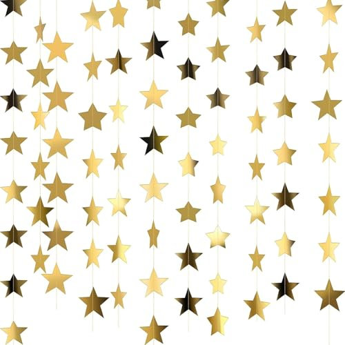 4m Reflective Star Paper Garland Party Decorations Kit, Gold Star Hanging Banner for Birthday Wedding Engagement Bridal Shower Showcase Home Rome Garden Party Outdoor Decorations