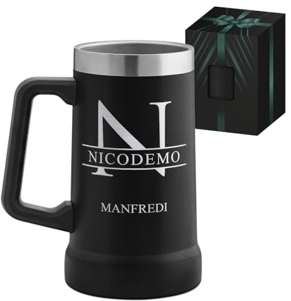 Maverton Boccale birra termico per campeggio 700ml - Tazza personalizzata da camping in acciaio inox - Bicchiere termico nero - Idee regalo uomo compleanno - Regali uomo - Campeggio accessori utili