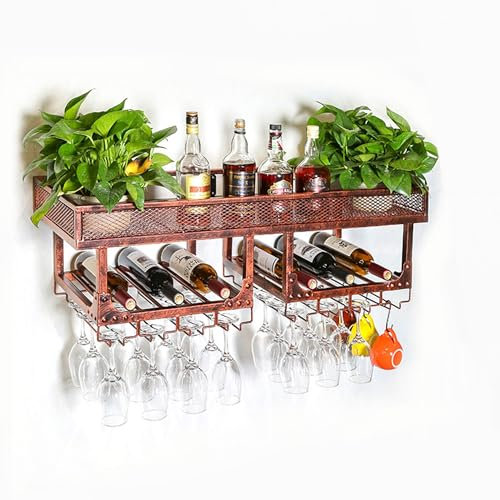 Weinregal Wand Metall Flaschenregal Schmal Wine Rack Bar Regal Wand Weinschrank Hausbar Barschrank mit Weinglashalter Weinständer Weinflaschenhalter Getränke Regal für Esszimmer Bartheke Wohnzimmer(Br