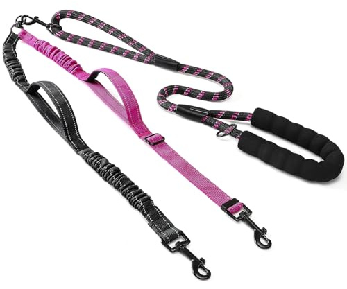 SlowTon Double Leash for Two Small Dogs, No Tangle 360° Swivel Dual Dog Leashes with 4 Handles, Super Lightweight For Puppy Under 20Lbs, Reflective Adjustable Strap and Shock Absorbing Bungee