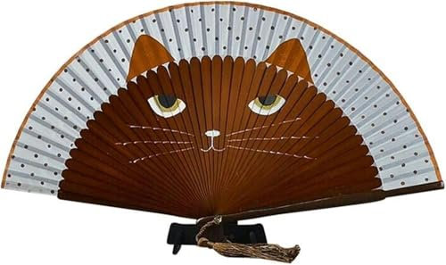 Faltbarer Handfächer, Handfächer aus Bambus, für Damen, Cartoon-Katze, Faltbarer Seidenfächer, Handfächer, süße Handfächer, Kaffeebraun