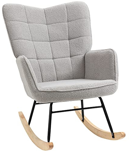 HOMCOM Wingback Rocking Chair for Nursing, Upholstered Berber Fleece Nursery Glider Rocker, Modern Armchair for Living Room, Light Grey