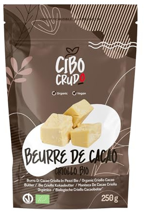 Beurre de Cacao Bio Alimentaire non Raffiné et Grillé - 250g. Beurre de Cacao pour Patisserie ou Cosmetique Naturel et Pur. Végétal Biologique.