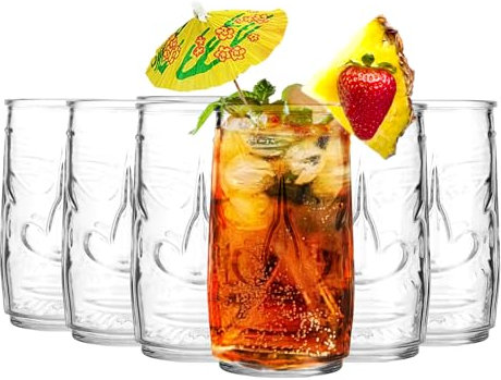 binsakao Tiki - Juego de 6 vasos Highball, vaso de agua de cóctel de 17 onzas para bar tropical, vaso de fiesta hawaiana