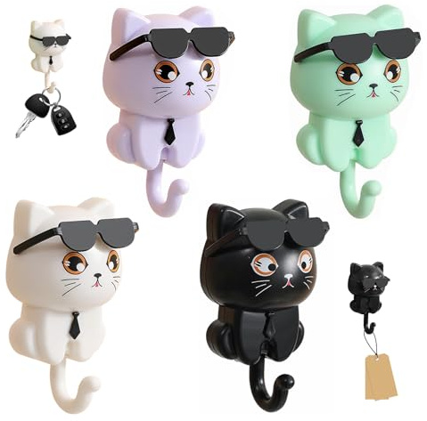NUUOTP 4 Stück Sonnenbrille Katze Schlüsselhaken Selbstklebend Haken Katzen Schlüsselhalter Wand Kreativer Selbstklebender süßer Katzen-Schlüsselhaken Cat Hook Schlüsselhaken für Heimdekoration