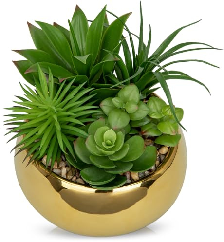 Arborus Piante grasse artificiali da 17 cm, in vaso, per interni, in vaso rotondo in ceramica dorata, realistica, per davanzale della finestra, tavolo da ufficio, casa, bagno, soggiorno, decorazioni