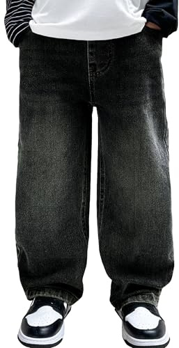 Happy Cherry Jeans Bambino Ragazzi Gamba Larga Pantaloni Denim Cotone Comodi Primavera Autunno Loose Fit Pants Nero con Tasche 8-9 Anni