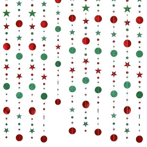 4 Stück Grün Und Rot Glitzer Papier Circle Und Stern Garland,Hängende Runde Und Stern Garland,Glitzerpapier-Girlanden Mit Sternen Und Punkten,Weihnachtsgirlanden Aus Papier Runde Stern Und Punkt