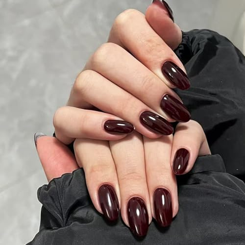 Viugex 24 Pièces Faux Ongles, Moyen Amande Rouge Foncé Press on Nails, Ballerine Naturel Acrylique Ongles à Coller, Couleur Pure Élégant Couverture Complète Ongles à Presser pour Femme DIY Manucure