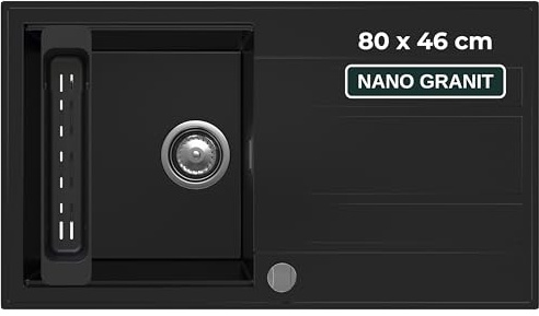 SINK QUALITY Évier de cuisine, avec égouttoir, noir, 80 x 46 cm, avec siphon et produit d'imprégnation, pour meuble bas de 55 cm, en granit, noir