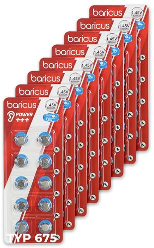BARICUS Piles pour appareils auditifs Zinc Air - Type 10 13 312 675 - 40 pièces - 1,45 V Piles bouton pour appareils auditifs ITE BTE CIC (Type 675-80 pièces)