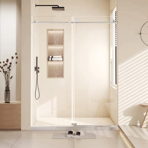 Frameless Sliding Shower Door, 60 w x 76 h Clear Tempered Glass with Soft-Close, Brushed Nickel Enclosure for Bathtub & Shower Stall