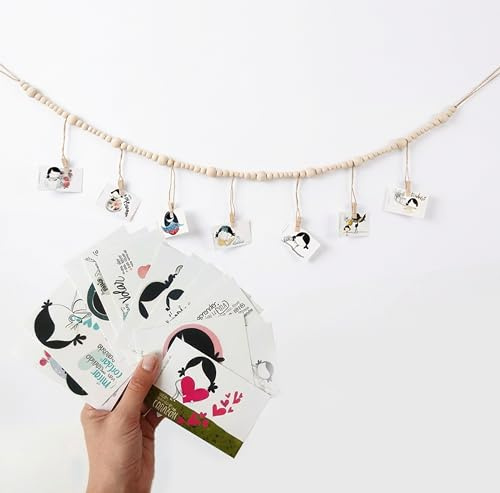 Muxote 1x Portafotos Pared 7 Pinzas Fotos y Tarjetas, Cuentas Madera Hogar | 15 tarjetas con mensajes positivos a doble cara, frases motivadoras, recuerdos, idea regalo original, tu hogar, amistad, amor