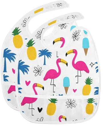 Dussdil Baby Bibs for Boys Girls Summer Flamingo Palm Tree Heart (1) Infant Toddler Drooling Bibs Feeding Teething Bibs Adjustable Closure Scraps Pocket 2 Pack