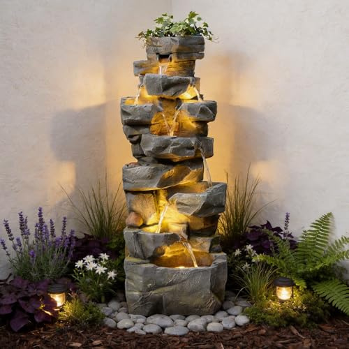 Bumilgar 147 cm großer 6-stufiger Gartenbrunnen in Steinoptik mit LED-Beleuchtung im natürlichen Stil – freistehender Wasserfall für Garten, Hinterhof und Heimdekoration, Grau