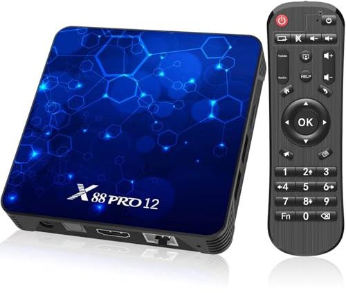Caja de TV Android 12.0, 4 GB RAM, 64 GB de almacenamiento, procesador Cortex-A53 de 64 bits de cuatro núcleos, admite WLAN 6 de 2.4 GHz/5 GHz y Bluetooth 5.0, resolución UHD-4K/3D, equipado con
