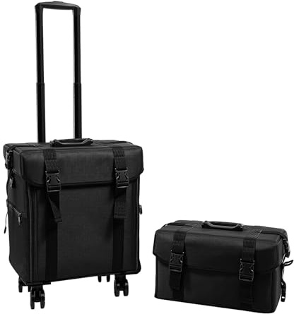 Valise de coiffeur avec 8 tiroirs, chariot cosmétique 4 en 1 avec roulettes pivotantes, valise pour coiffeur et maquillage, mallette multifonctionnelle - Noir