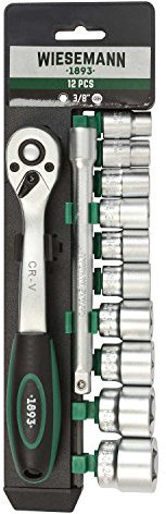 WIESEMANN 1893 Steckschlüssel Set 12tlg mit 3/8 Knarre, 10mm - 24mm Sechskant Bit Einsätze und Verlängerung 150mm aus Chrom-Vanadium Stahl mit Halter I 80133