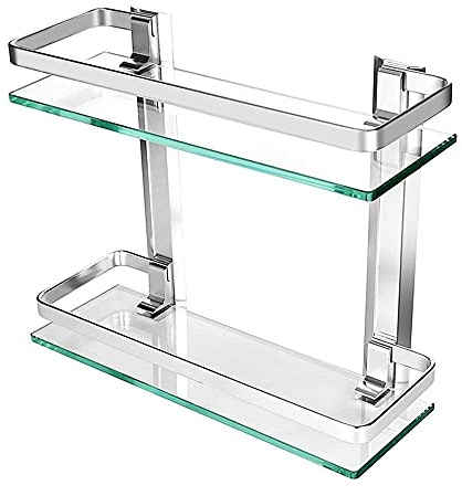 JanTeelGO Vägghylla Badrumsförvaring, Badrumshyllor Duschhylla Badkorg Förvaringshylla, Tjockt Härdat Glas Aluminium Väggmonterad Badrumshylla Kök Förvaringshylla Modern 2-Tier Vitt