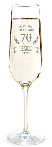 AMAVEL Flute con Incisione per i 70 Anni, Auguri di Cuore, Personalizzato con Nome, Bicchieri da Spumante in Vetro, Calici Champagne, Accessori Decorativi Cucina, Idee Regalo Originali