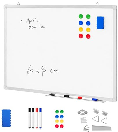 ACAZA Magnetisches Whiteboard mit Aluminiumrahmen und Stiftablage, Magnettafel trocken abwischbar inklusive Schwamm und Stift, ohne Magnete, Magnetwand zum beschriften, 60 x 90 cm