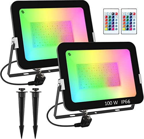 T-SUN RGB LED Strahler Fluter Außen Mit Fernbedienung 2 Stück, 100W LED Fluter Flutlichtstrahler, IP66 Wasserdicht Garten Stimmungslichter Dimmbar für Garten, Party, Halloween, Weihnachten, 16 Farben